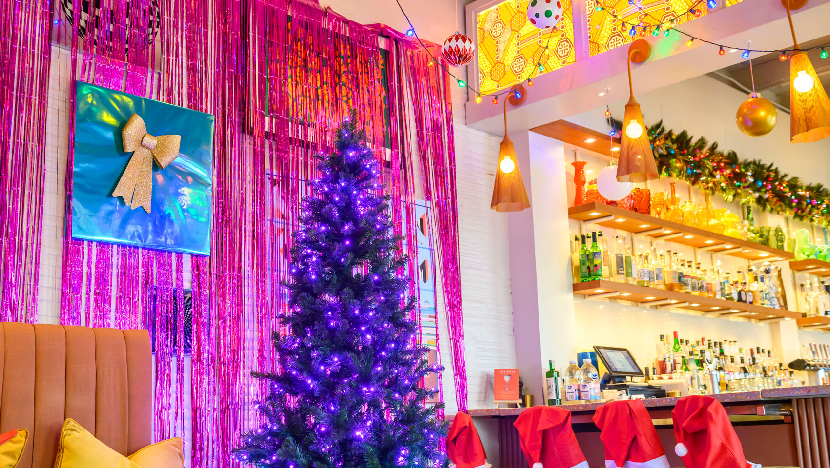 Seating and decor at Holiday pop-up bar at St. Julep at Kimpton Sylvan Hotel